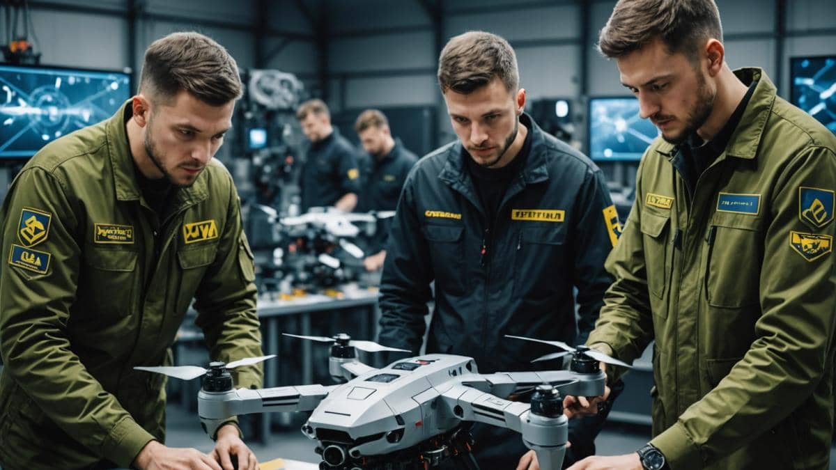 Drones de combate: ¿Por qué Renault se ha unido a la revolución ucraniana? A group of Ukrainian engineers in a high-tech workshop, assembling advanced combat drones with Renault logos, photorealistic editorial style, focused lighting highlighting the engineers and drones at the center, blueprints and digital screens in the background, atmosphere of innovation and urgency, main subjects sharply centered and in focus, clean industrial setting.