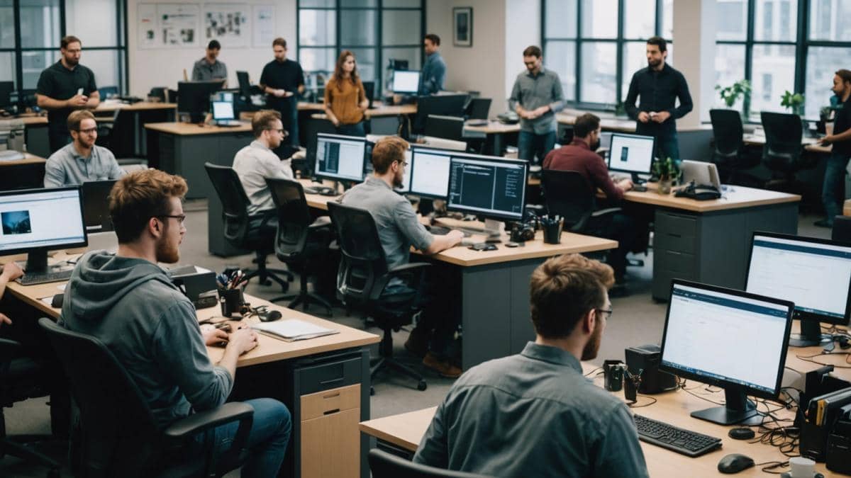 Despidos en tecnología: ¿La Sección 174 es el secreto que nadie cuenta? A group of software engineers in a modern tech office, some packing up personal items while others discuss anxiously, photorealistic editorial style, natural indoor lighting, laptops and monitors on desks, center-focused composition with one engineer visibly worried in the middle, open workspace background, professional and tense atmosphere.