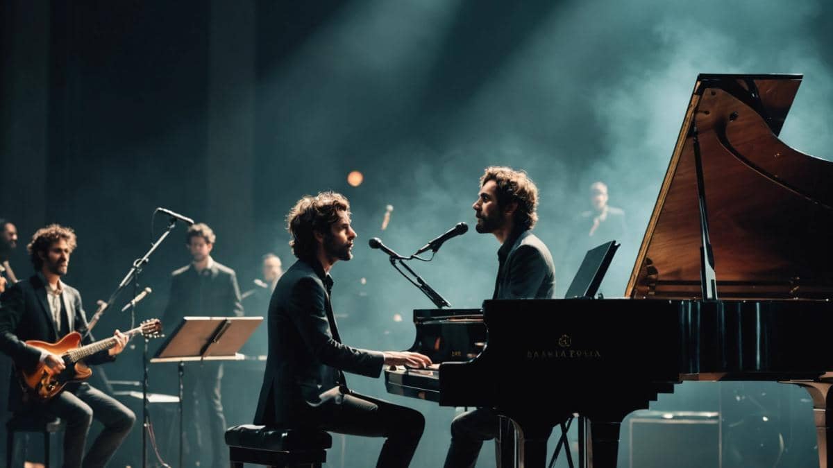 Francophone Music: Lo que nadie te cuenta sobre el boom viral de Patrick Watson y Stromae Patrick Watson performing on stage, photorealistic editorial style, spotlight on Watson singing passionately at a grand piano, audience in awe, vibrant stage lighting, modern concert environment, main subject well-centered and in sharp focus, atmospheric mood with subtle fog effects.