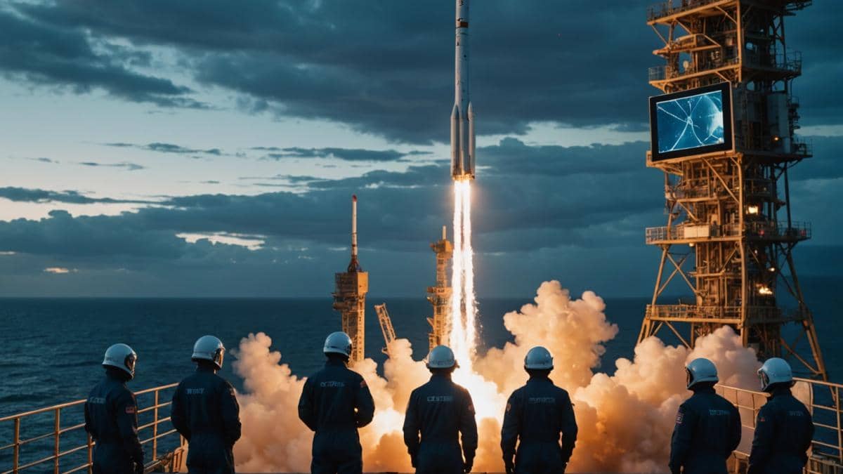 SpaceX frente a la nueva ola china: ¿La verdadera competencia apenas comienza? A futuristic editorial-style image showing a Chinese rocket prototype performing a vertical landing on an ocean platform, sharp focus on the rocket at the center, engineers in modern jumpsuits monitor data screens nearby, dusk lighting with dramatic skies, subtle cityscape in the background, clean and realistic composition for a tech magazine cover.
