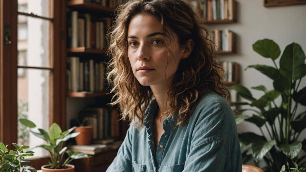 Cabello en recesión: ¿moda rebelde o síntoma social? Mi experiencia y cómo sumarte sin descuidar tu bienestar A young woman in her early 30s with natural, slightly messy hair sits confidently at a cozy, plant-filled apartment in Buenos Aires, surrounded by books and soft morning light. She is wearing relaxed, comfortable clothing and sipping tea while glancing at her reflection in a minimalist mirror. Her hair appears intentionally tousled—some frizz, visible roots, a few stray baby hairs—projecting an effortless vibe. The main subject is centered and in sharp focus, editorial photorealistic style, calm and authentic mood, with details like houseplants and candles enhancing the intimate scene.
