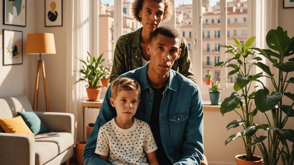 Stromae with his wife Coralie and their young blond son, enjoying a relaxed family moment in a sunlit, stylish Barcelona apartment, photorealistic editorial style, warm afternoon light streaming through large windows, modern yet cozy decor with plants and artistic details, the main subjects centered and in sharp focus, subtle hints of Barcelona’s architecture visible outside.