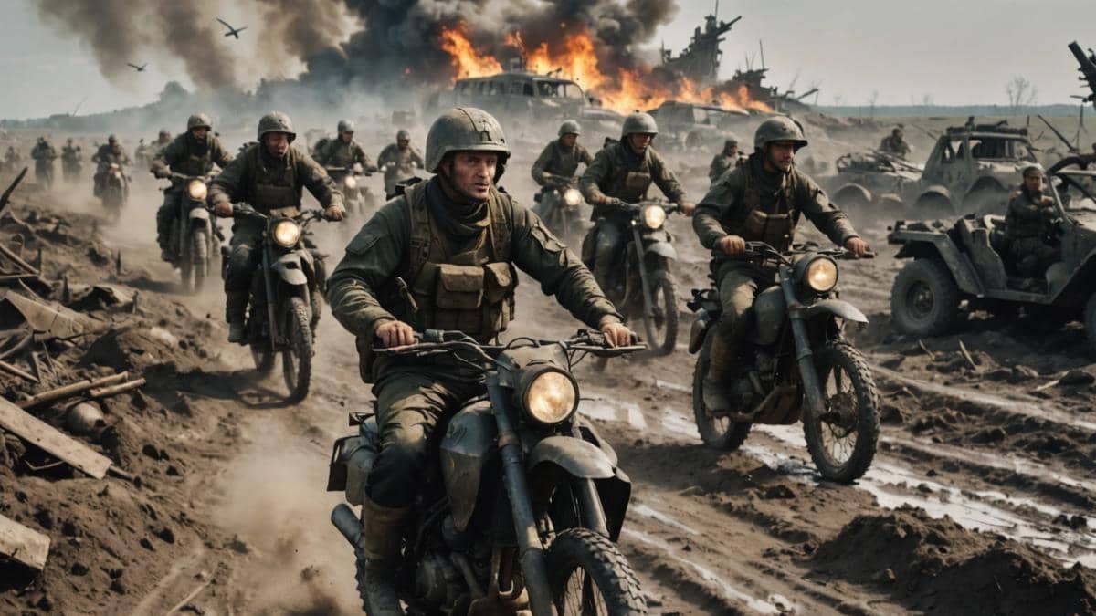 A tense war scene at the Ukrainian front lines, photorealistic editorial style, a group of Russian soldiers riding rugged motorcycles through muddy terrain, surrounded by destroyed vehicles and looming drone silhouettes in the sky, harsh natural lighting, center-focused composition with one motorcyclist clearly in sharp focus, background shows scorched earth and remnants of warfare.