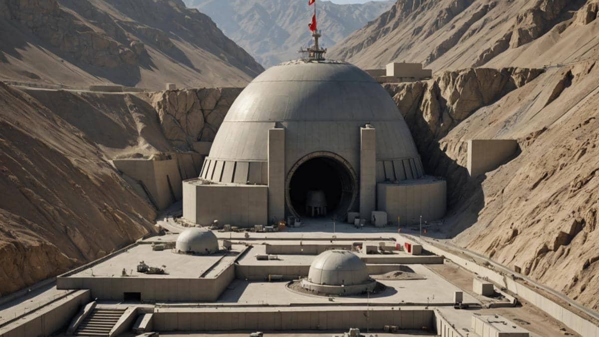 Fordow nuclear: ¿la montaña que podría cambiar Medio Oriente? A photorealistic editorial image showing a massive, secretive underground nuclear facility buried deep inside a rugged mountain in Iran. The entrance is fortified with heavy concrete and surrounded by advanced air defense systems. In the foreground, Israeli and Iranian flags subtly overlap, symbolizing tension. The main subject—the fortified mountain—should be centered and in sharp focus, with dramatic lighting highlighting its impenetrability and strategic importance. Clean, muted background to ensure clarity and professionalism.