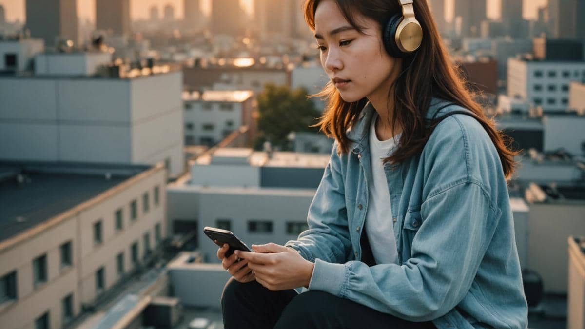 SB Mixtape: canciones para nuevos comienzos (y lo que nadie te cuenta) A centered South Korean young woman with headphones, sitting on a rooftop at sunrise, listening to music on her smartphone, photorealistic editorial style, soft golden light, city skyline in the background, the mood is hopeful and reflective, main subject clearly centered and in sharp focus, clean rooftop details around her.