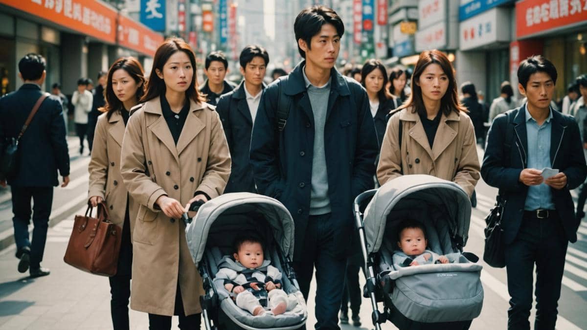 A group of young Japanese adults in a modern Tokyo cityscape, center-focused and well-lit, looking thoughtfully at baby strollers and charts showing declining birth rates, photorealistic editorial style, warm natural daylight, subtle hints of traditional and modern lifestyles blending in the background, main subjects in sharp focus with clean composition.