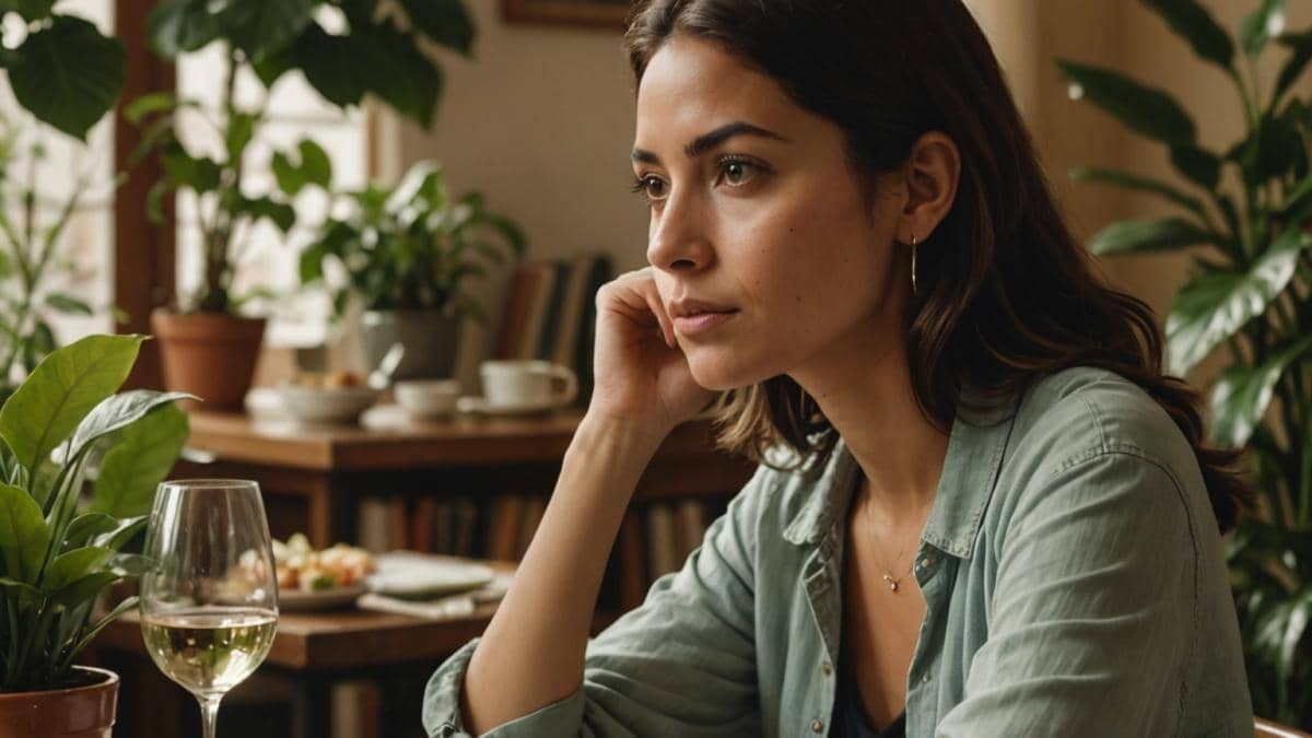 Frases familiares tóxicas: lo que nadie te cuenta (y cómo romper el ciclo) A young Latina woman sitting at a cozy table in a Buenos Aires apartment, surrounded by lush green plants and books, looking contemplative while a family dinner scene unfolds in the background. The focus is on her calm, thoughtful expression as she listens to a conversation, photorealistic editorial style, warm natural lighting, the main subject centered and in sharp focus, soft background details showing subtle tension among family members.
