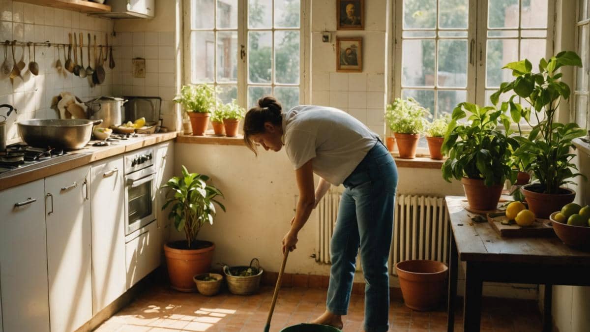 Repelentes naturales: ¿por qué fregar el suelo con limón y vinagre sí funciona (y qué más hago yo en casa)? A cozy, sunlit kitchen in Buenos Aires, photorealistic editorial style, with a person mopping the floor using a bucket filled with lemon slices and garlic cloves, surrounded by healthy green plants and aromatic candles on the windowsill. The main subject—the bucket with visible natural ingredients—is centered and in sharp focus. Clean background with warm daylight highlighting the inviting, serene atmosphere.