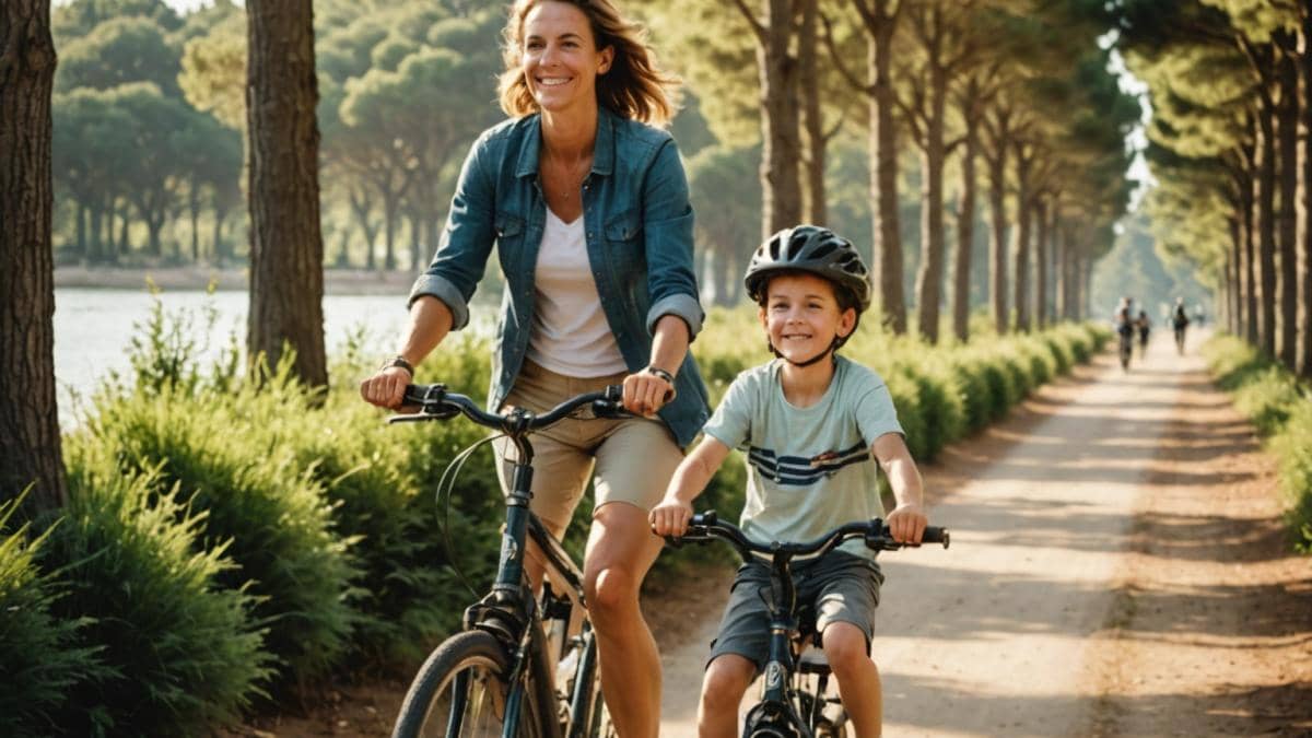 Bienestar integral: Lo que aprendí de Laure Manaudou sobre reinventar la vida tras una separación A confident woman in her mid-30s cycling with her young son on a tree-lined path near the Arcachon Bay, photorealistic editorial style, golden afternoon light, peaceful natural setting with lush greenery, both smiling and relaxed, main subjects well-centered and sharply focused, background softly blurred to emphasize tranquility.