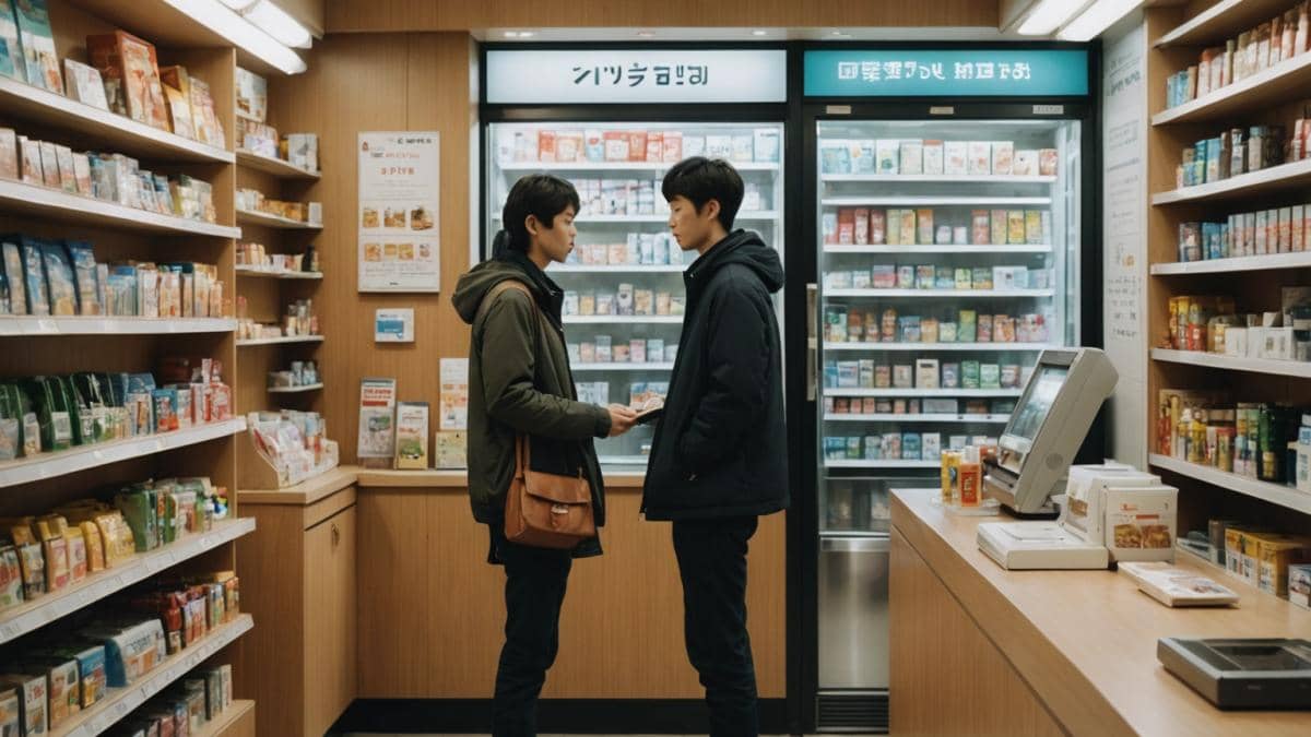Lojas sem funcionários: ¿Por qué Corea del Sur confía en lo que Amazon no se atrevió? A modern, small convenience store in Seoul, South Korea, with no staff present, a few young adults self-checking their items at a simple kiosk, photorealistic editorial style, warm natural lighting, clear glass storefront showing the empty counter and shelves, center-focused composition highlighting the absence of employees and the calm, trusting atmosphere.