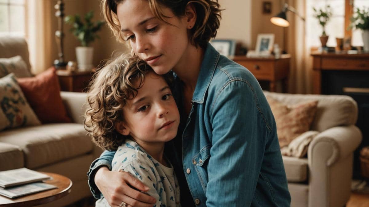 Vitaa y el legado invisible de Enzo: cuando la música abraza al duelo Vitaa, a French singer, gently embracing a young boy with a rare disease in a cozy living room setting, photorealistic editorial style, soft natural lighting, visible musical notes and family memorabilia around them, both subjects centered and in sharp focus, subtle expressions of affection and resilience on their faces.