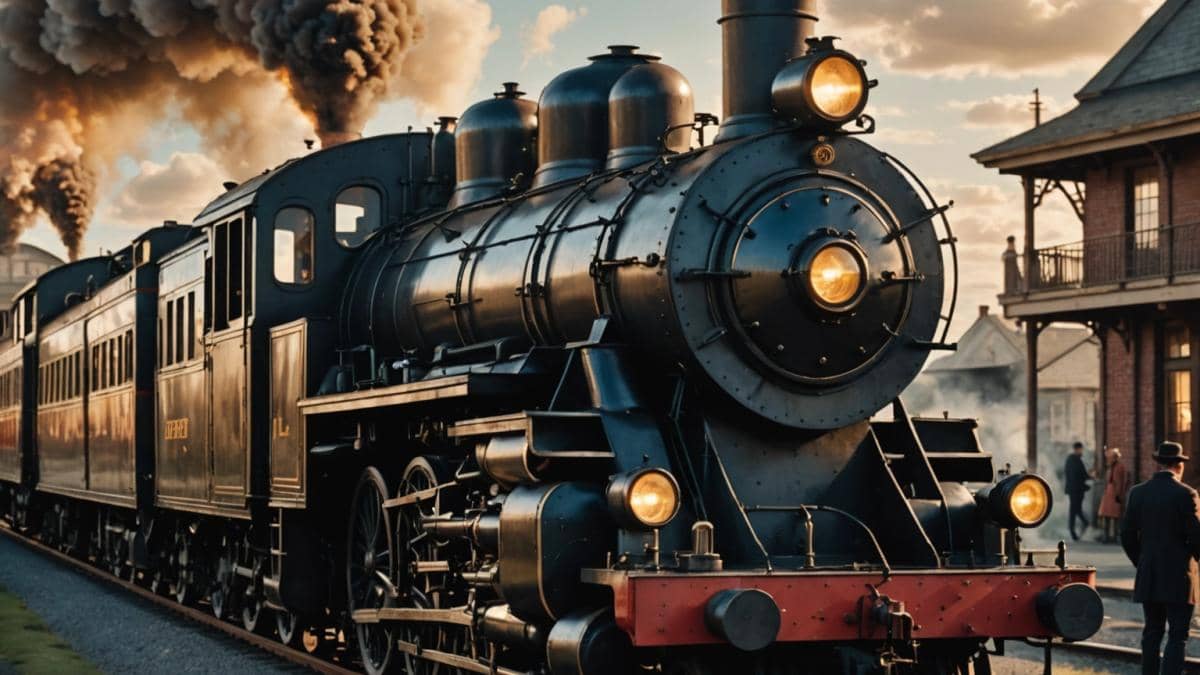 Regreso al Futuro 3: El secreto del tren de Doc que aún sorprende tras 35 años A detailed editorial-style photo of a vintage steam locomotive modified with futuristic technology, centered on the time-travel flux capacitor attached beneath its chimneys, with two characters dressed in late 19th-century and 1980s attire standing beside it. Photorealistic, warm evening light, subtle film grain, clear focus on the train’s central device and the expressions of fascination on the characters’ faces, clean background evoking a small Western town.