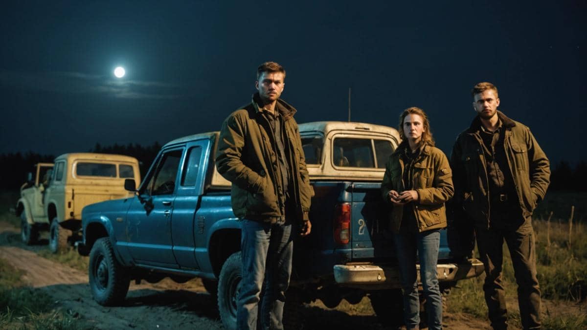 Drones Shahed: ¿Por qué civiles ucranianos con rifles vintage son la nueva defensa secreta? A determined group of Ukrainian civilians, both men and women, standing beside a rugged pickup truck at night in rural fields outside Kyiv, armed with WWII-era rifles and modern tablets for mapping, photorealistic editorial style, tense but hopeful mood with dramatic moonlight highlighting their focused faces and old weaponry, main subjects well-centered and sharply in focus, clear rural background suggesting the frontline environment.