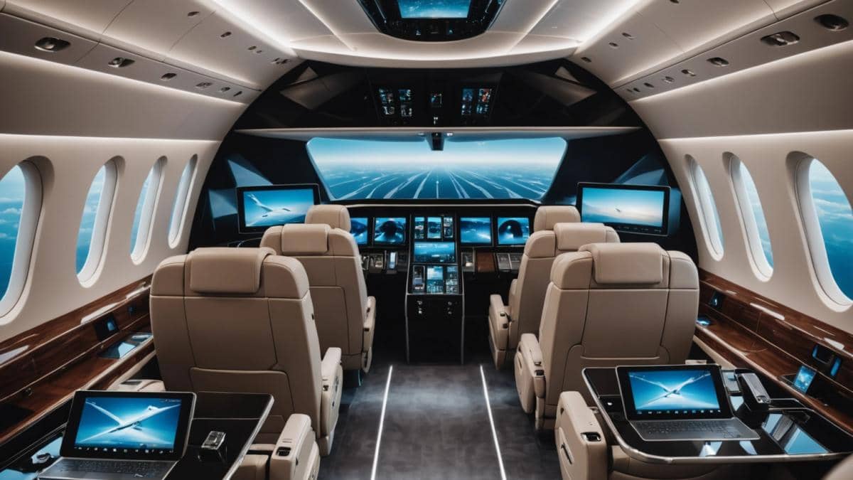 Phantom 3500: ¿El futuro de la aviación privada sin ventanas (ni vértigo)? A futuristic private jet interior without windows, but with large curved high-definition screens displaying panoramic sky views, photorealistic editorial style, well-lit modern cabin, passengers in sleek seats immersed in the digital scenery, main subject clearly centered and in sharp focus, minimalist design and tech gadgets visible.
