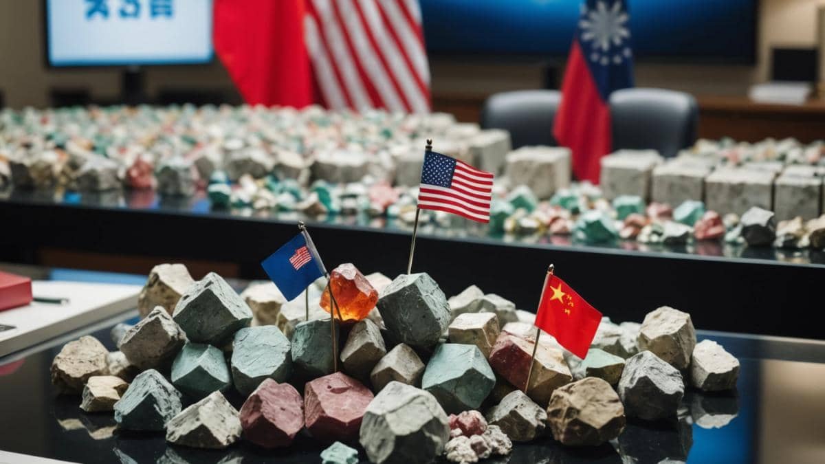 A close-up of rare earth minerals displayed on a lab table, photorealistic editorial style, focused on colorful mineral samples with Chinese and US flags subtly in the background, modern office lighting, atmosphere reflecting high-stakes negotiations, main subject (minerals) sharply centered and in focus, clean and professional setting.