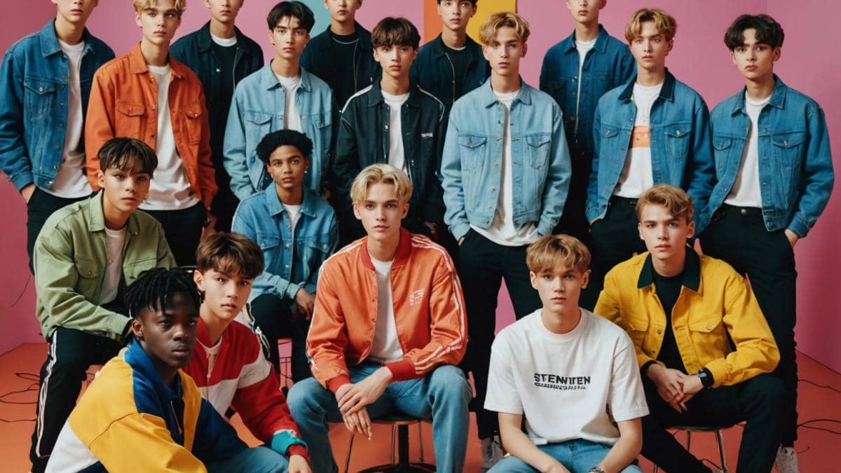 Seventeen Happy Burstday: ¿El renacimiento K-pop que nadie vio venir? Thirteen members of Seventeen gathered in a modern, colorful studio, some seated and others standing, each expressing unique personalities through their fashion and gestures. Photorealistic editorial style, energetic yet reflective mood, soft but vibrant lighting highlighting individual faces, subtle props like microphones and headphones suggesting musical creativity. The main group is well-centered and in sharp focus; background is clean with faint hints of musical instruments and LED screens.