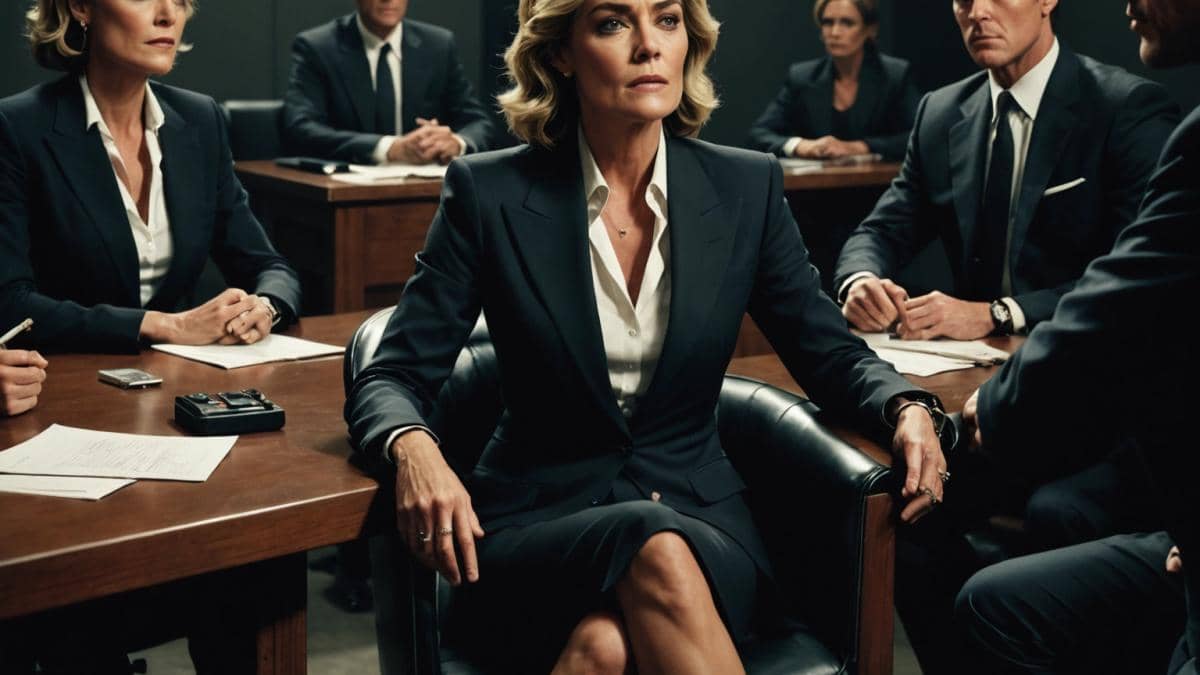 Basic Instinct: el thriller que rompió tabúes y sigue incendiando debates Sharon Stone as Catherine Tramell sitting confidently in an interrogation room, crossing her legs, surrounded by tense detectives in suits, photorealistic editorial style, moody and dramatic lighting, smoke wafting from her cigarette, all eyes fixed on her, main subject sharply centered and in focus, minimalist background for a tense cinematic atmosphere.