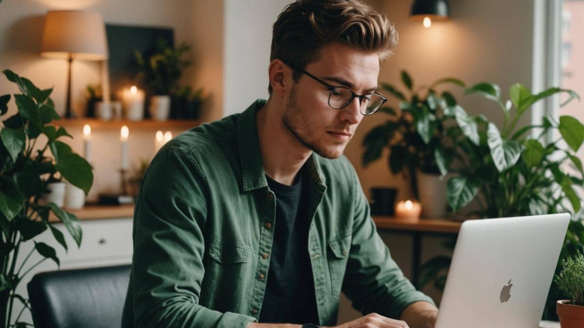A thoughtful young adult sitting at a cozy table surrounded by green plants and candles, reviewing online financial statements on a laptop, soft natural daylight, subtle expressions of frustration and contemplation, editorial-style, clean modern apartment background, main subject centered and sharply in focus.