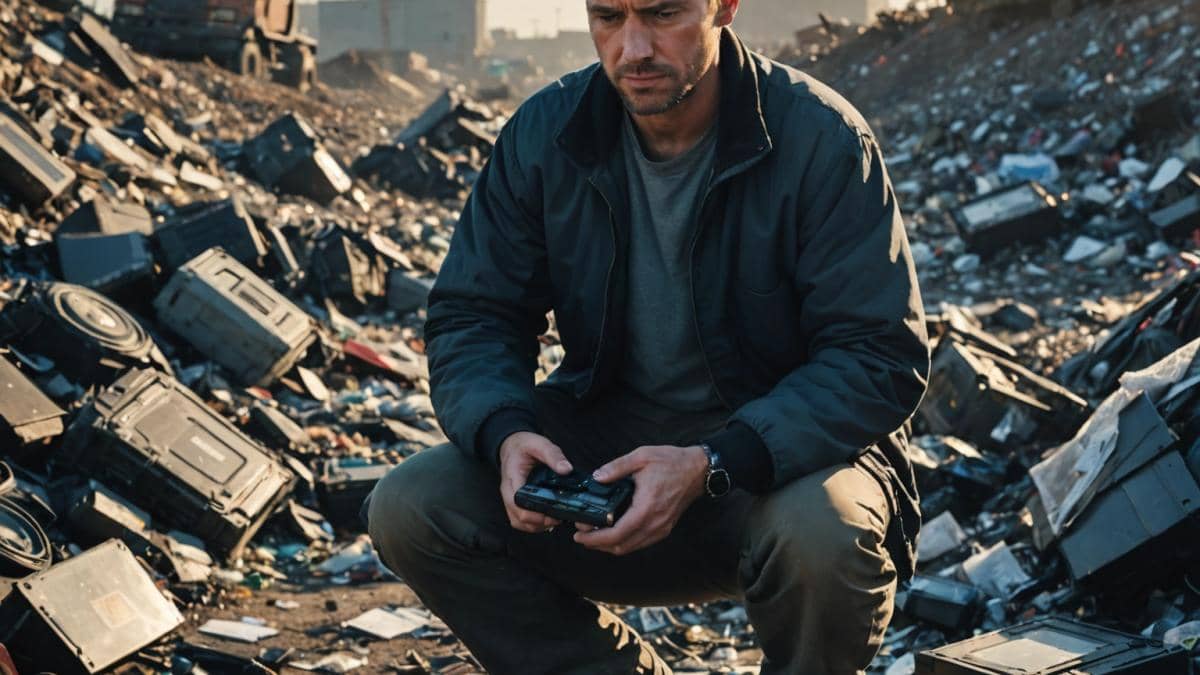 Bitcoin perdido: ¿Qué nos enseña la odisea de James Howells? A man in his mid-30s wearing casual clothes, kneeling amidst a vast landfill, intensely searching through discarded electronics and trash bags for a hard drive. Photorealistic editorial style, early morning light with a sense of hope and determination on his face. Well-centered main subject, clear focus on his hands holding an old hard drive among tech debris, background slightly blurred to emphasize the search and emotional weight.