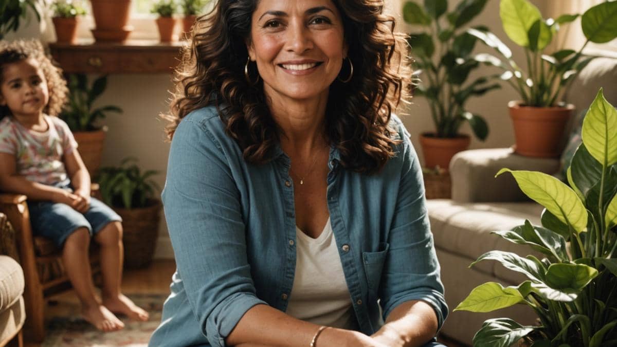 Bienestar en familias numerosas: ¿cómo cuidarte sin culpa? A photorealistic editorial image showing a Latina mother of around 30 years old, sitting in a sunlit living room full of plants, gently styling her own hair with a peaceful smile. Several children of various ages play in the background, but the main subject—the mother—is centered and in sharp focus. The mood is warm and inviting, natural daylight coming through large windows, cozy environment with books and toys scattered around. Editorial style for an uplifting wellness story.