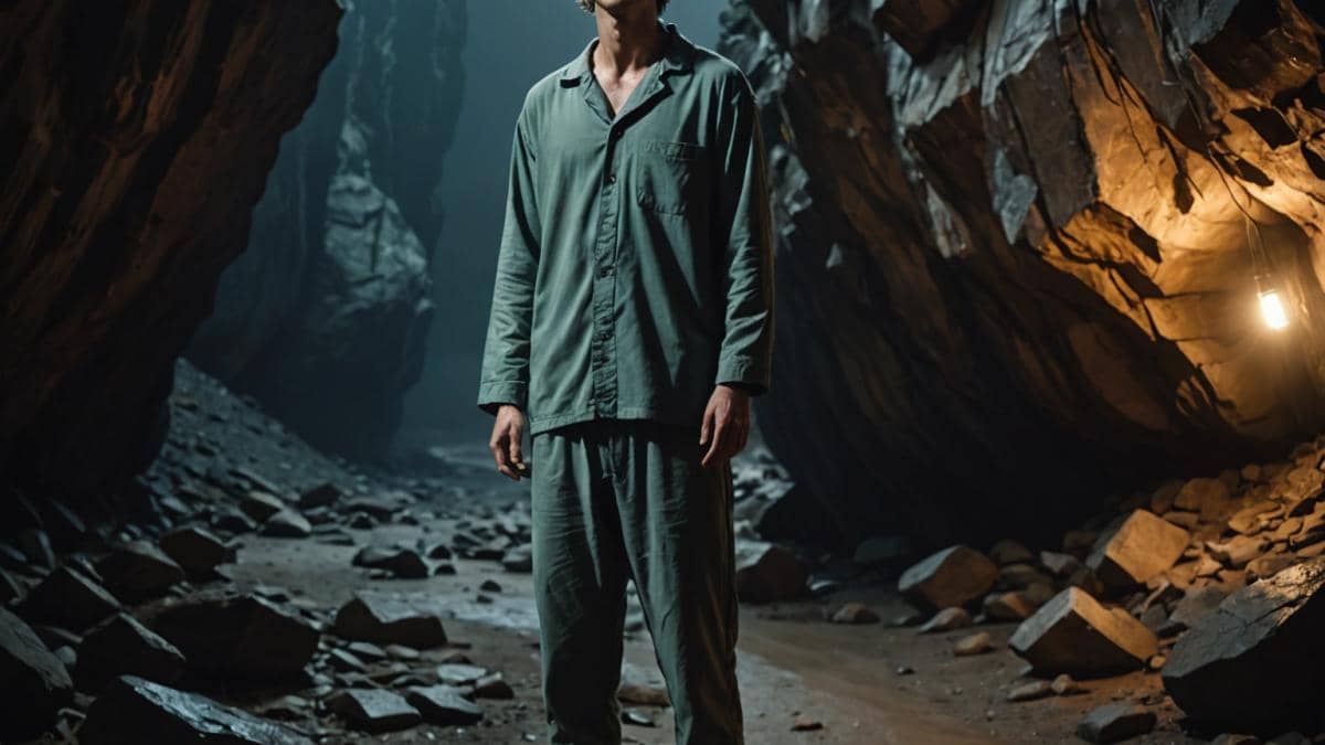Baby Steps: ¿El juego más torpe o la lección más brutal que nos deja 2024? A photorealistic editorial image of a young, disheveled man in pajamas standing barefoot at the edge of a dark cave, looking confused and determined. He is surrounded by rocky terrain and faint glowing lights, with muddy feet and a slightly humorous expression. The lighting is moody but clear, highlighting the struggle and absurdity. Main subject is centered and in sharp focus; background has subtle game-like details, giving an immersive yet real atmosphere.