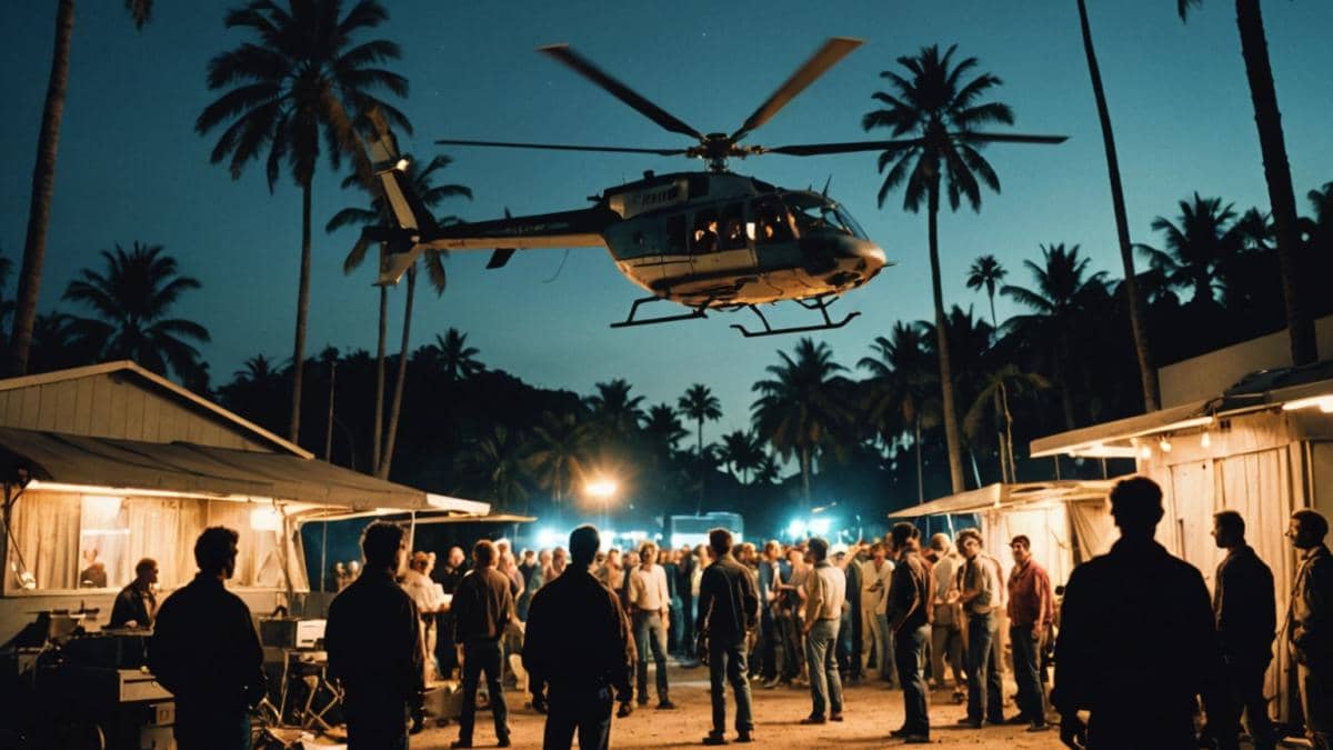 Twilight Zone: El día que Hollywood perdió la inocencia en un set caótico A 1980s film set at night, centered on a helicopter hovering dangerously low above a group of actors and crew, photorealistic editorial style, tense atmosphere with harsh artificial lighting illuminating the chaotic expressions on faces, old-school film equipment and cables scattered around, main subjects well-centered and sharply in focus, blurred background showing palm trees and vintage trailers.