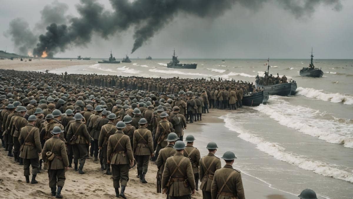 Dunkerque en Prime Video: ¿Por qué sigue siendo una joya del cine bélico que te deja sin aliento? A dramatic World War II scene at Dunkirk beach, hundreds of British and Allied soldiers anxiously waiting on the sand, small civilian boats approaching through misty waters, photorealistic editorial style, tense yet hopeful mood, detailed military uniforms and vintage boats, muted lighting with cloudy sky, main action centered with sharp focus on faces full of emotion.