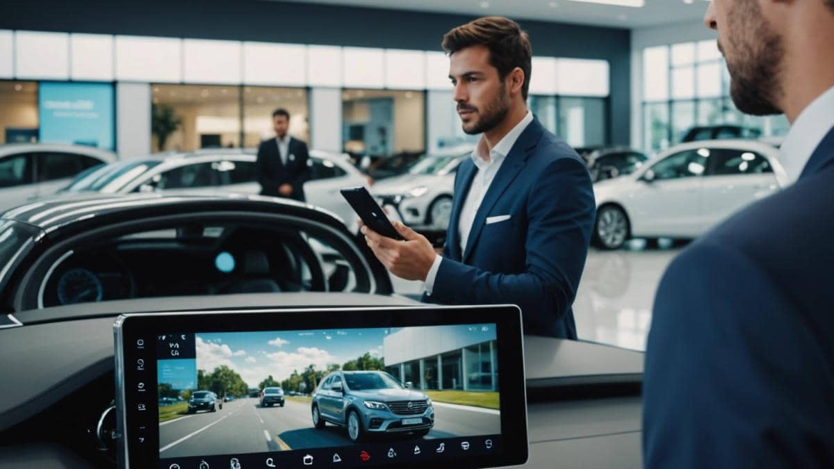¿Motores? El detalle que ya no importa: así redefine la tecnología tu próximo coche A modern car dealership showroom, photorealistic editorial style, young Latin American customers focused on the large touchscreen displays and digital features of several new cars, sales advisor demonstrating in-car connectivity, well-lit clean environment with tech gadgets visible, main interaction clearly centered and in focus.