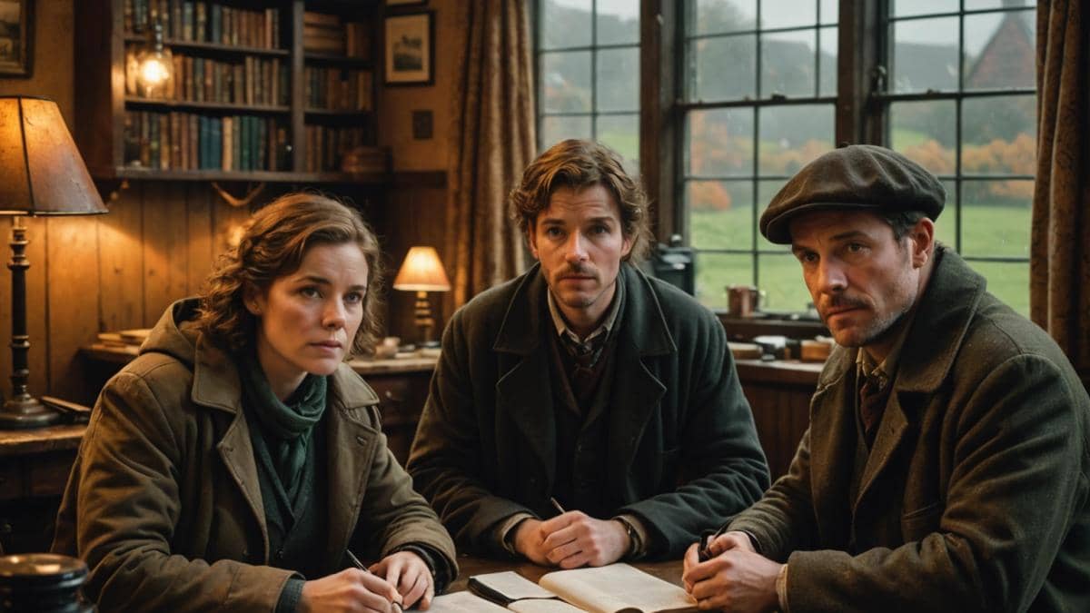 Miniserie Bodkin: True crime con humor ácido y bienestar mental inesperado A group of three diverse investigative journalists in cozy autumn attire, sitting around a rustic wooden table covered with old case files and podcast equipment, set in a misty Irish village pub. Editorial photorealistic style, warm natural lighting from vintage lamps, main trio centered in sharp focus, background features Irish countryside visible through rain-speckled windows, subtle tension and curiosity on their faces.
