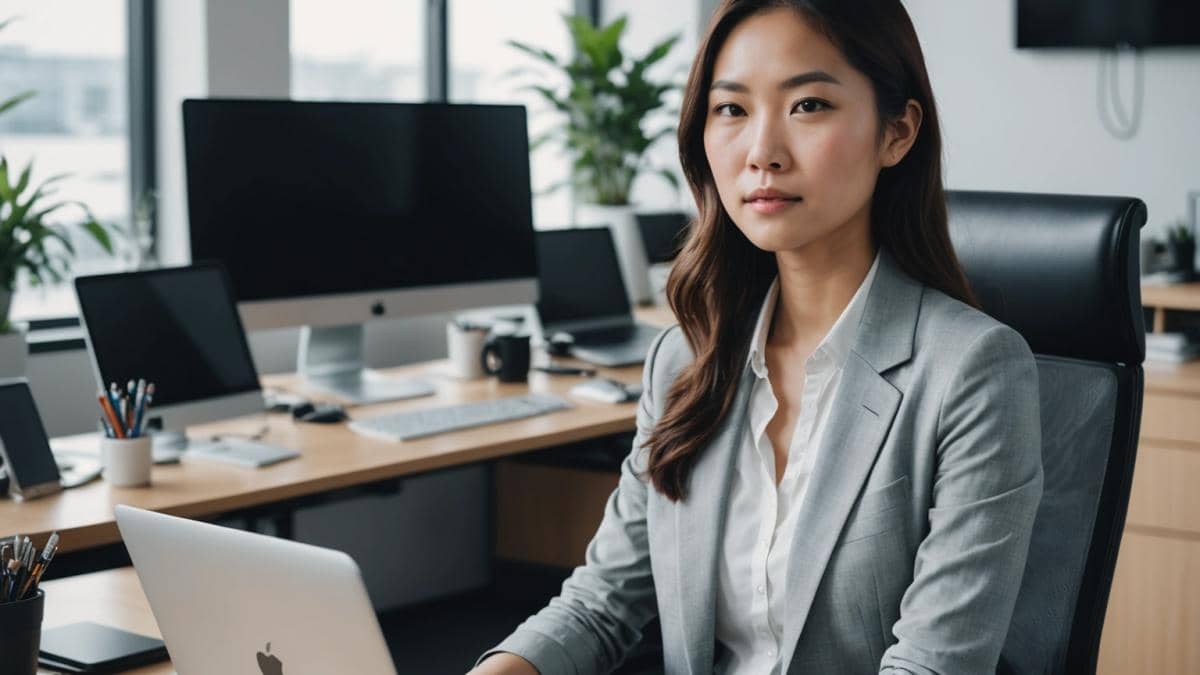A young Asian woman in her early 30s, casually dressed in affordable fashion, sitting confidently in a modern yet modest office surrounded by tech gadgets and startup paraphernalia, photorealistic editorial style, bright natural lighting, clean minimalist background. Main subject centered and in sharp focus, subtle touches of luxury like a business class boarding pass on the desk, but with clear signs of a simple lifestyle (e.g., old Honda car keys nearby).