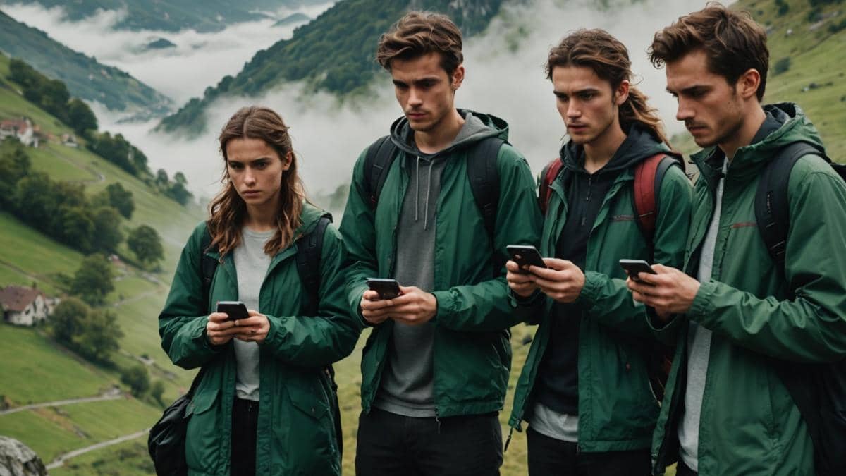 A focused scene of a group of young adults in a misty Basque mountain setting, their faces tense with suspense, holding smartphones with a viral video playing. Editorial photorealistic style, moody natural lighting reminiscent of northern Spain. Main group well-centered and in sharp focus; lush green mountains and subtle Basque cultural elements (like signage or clothing details) in the background. Evoke an atmosphere of intrigue and local authenticity.