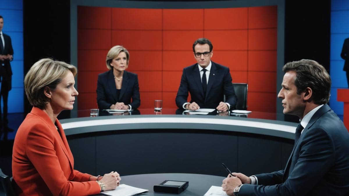 ¿Por qué el cruce Rachida Dati vs. Patrick Cohen enciende las redes (y qué nos enseña sobre la cultura del debate en TV)? A tense French TV talk show set, two central figures (a poised female politician and a serious male journalist) at the heart of a heated live debate, photorealistic editorial style, sharp lighting with dramatic shadows, modern studio background with screens and subtle branding, audience blurred in the back, main subjects well-centered and in sharp focus.