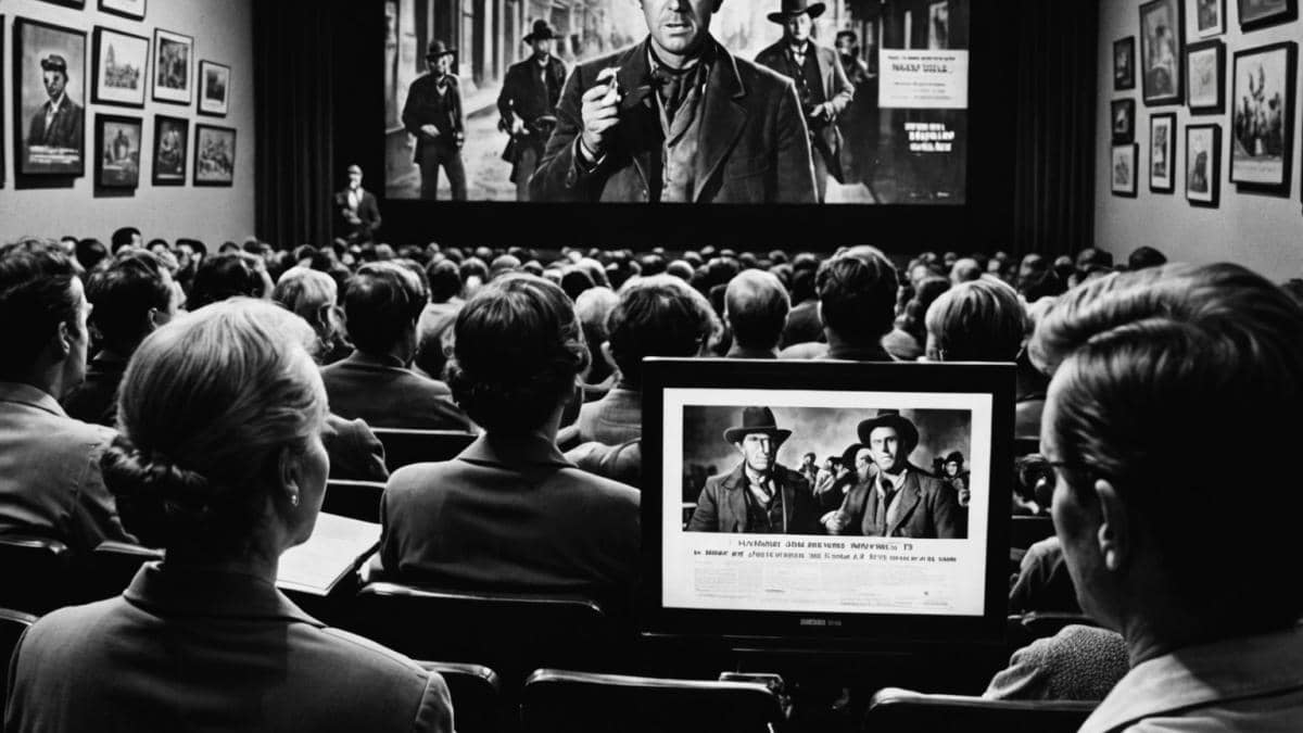 Western favorito de Clint Eastwood: ¿Por qué ‘Incidente en Ox-Bow’ sigue siendo un hito inesperado? A vintage cinema screening in Madrid, showing a classic black-and-white western film, photorealistic editorial style, moviegoers of diverse ages watching intently, warm theater lighting, posters of 'Incidente en Ox-Bow' and other classic westerns on the walls, the main subject (a reflective woman with a notebook) centered and sharply in focus, background shows film frames projected on screen.