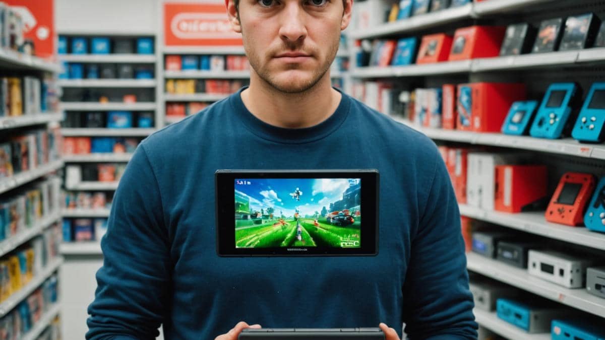 A frustrated gamer holding a brand-new Nintendo Switch 2 with visible staple holes on the screen, in a bright electronics store environment. Editorial photorealistic style, main subject centered and in sharp focus, with the damaged console and receipt clearly visible. Background shows shelves with other gaming products, well-lit and modern, conveying both surprise and disappointment.