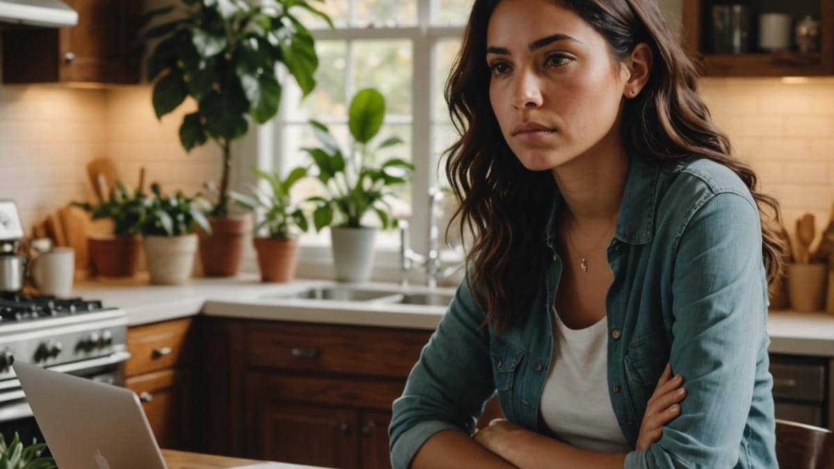 Reformas Extremas: lo que nadie te cuenta sobre los realities de casas A young Latina woman sitting thoughtfully at a cozy kitchen table filled with home renovation plans, bills, and a laptop. Photorealistic editorial style, warm natural light coming through a window with lush indoor plants in the background, subtle tension on her face as she reviews paperwork. The main subject is clearly centered and in sharp focus, conveying both hope and concern about home renovations.
