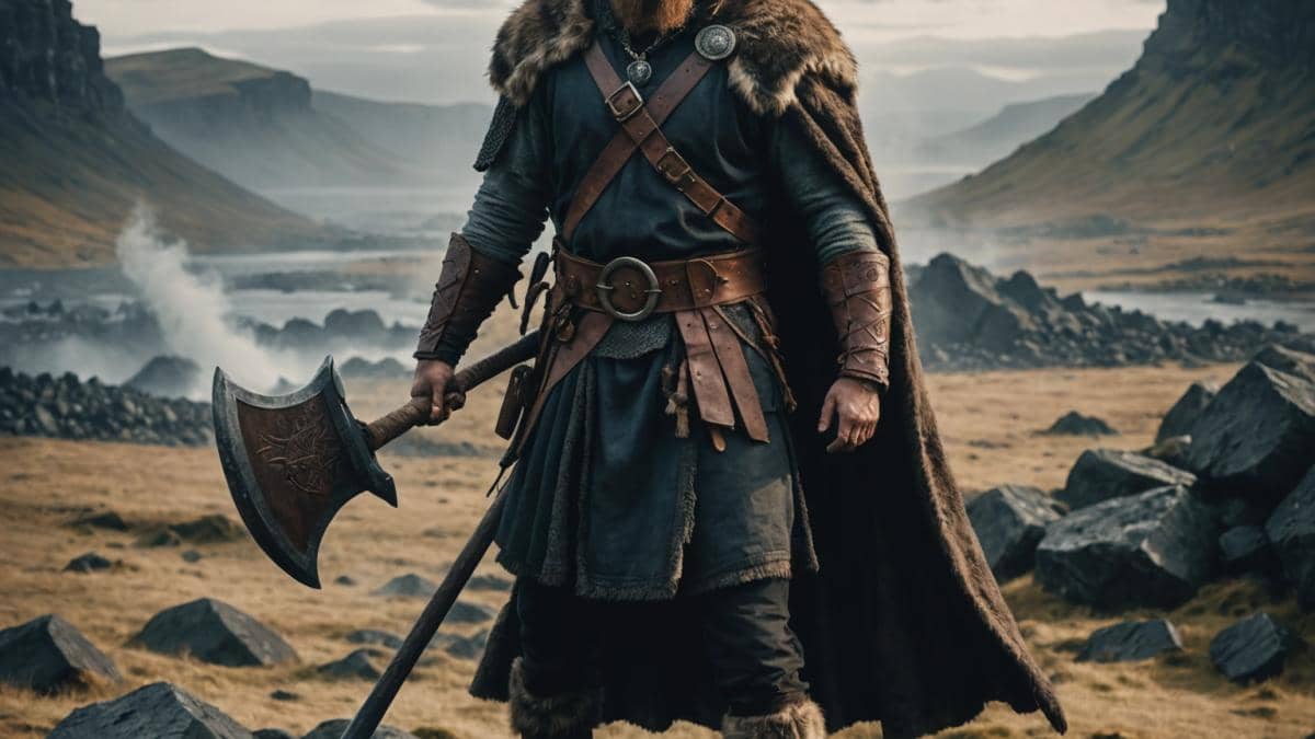 Vikingos en Prime Video: La brutal leyenda de “El Hombre del Norte” que va más allá de Hamlet A fierce Viking warrior in authentic period costume, standing amidst a misty Icelandic landscape, gripping an axe with determination. Photorealistic editorial style, dramatic moody lighting highlighting the textures of his fur cloak and battle-worn face, background features volcanic rocks and subtle hints of Norse symbols. Main subject centered and in sharp focus, conveying intensity and depth.