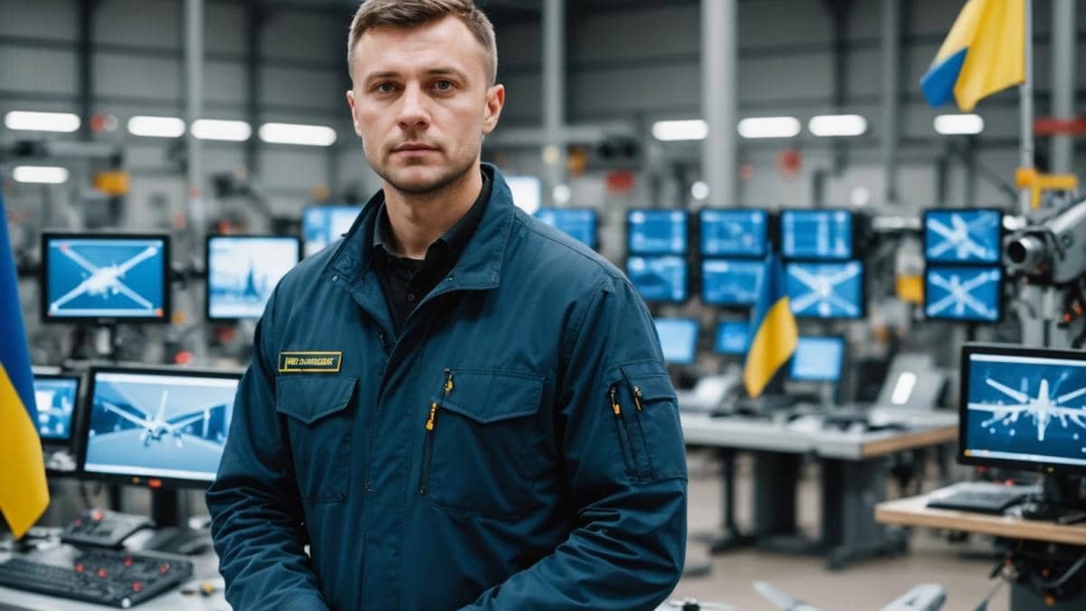 Drones y disuasión nuclear: ¿cómo Ucrania hackeó el poder aéreo ruso? 14 A Ukrainian engineer in a modern factory, inspecting an advanced military drone assembly line, photorealistic editorial style, bright industrial lighting, focused and determined expression, blueprints and digital screens in the background with flags of Ukraine and Denmark visible, main subject well-centered and sharply in focus for a dynamic, professional look.