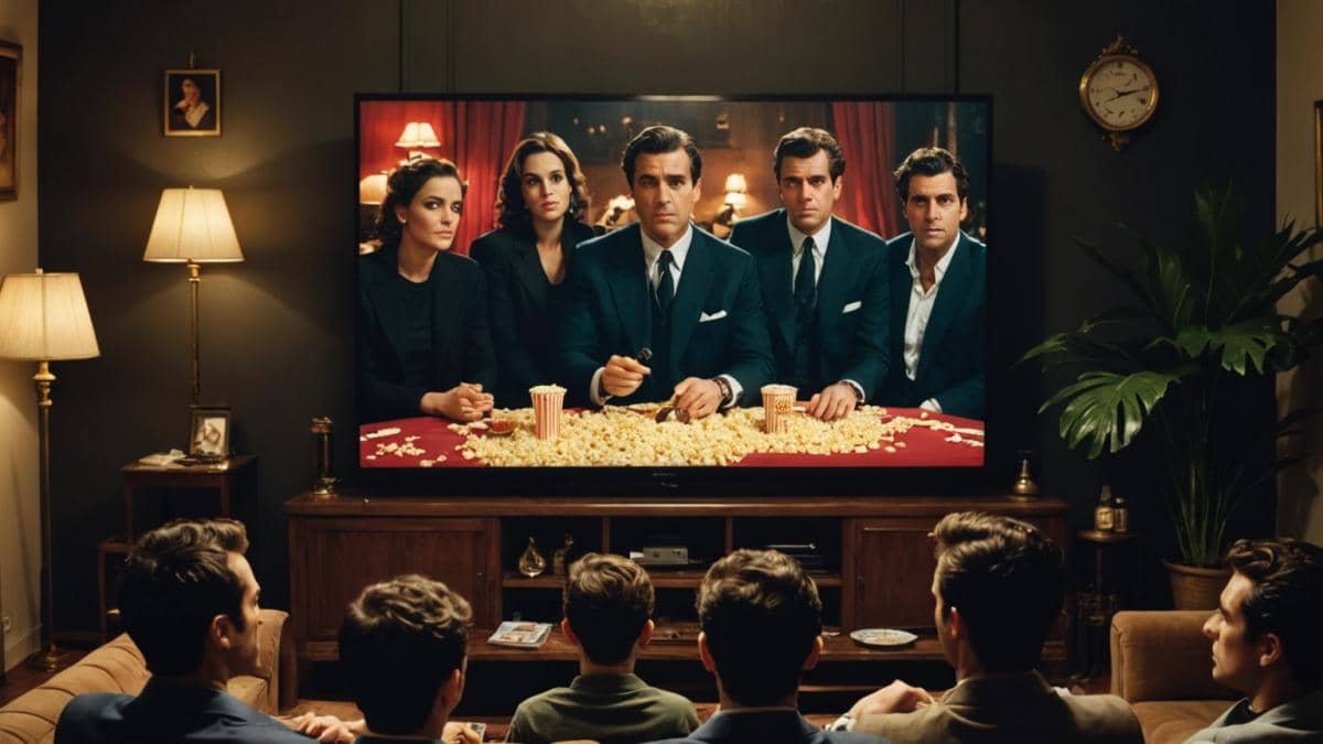A photorealistic editorial-style image of a living room in Madrid at night, with a large TV screen showing a dramatic scene from a gangster film. The main subject is a group of young adults, stylish and diverse, seated on a cozy couch intensely watching the movie, surrounded by popcorn bowls and soft lighting. Posters of classic mafia films like 'Goodfellas' and 'El Padrino' adorn the background walls. The mood is engaging and suspenseful, with the group centered in sharp focus for a lively cultural viewing atmosphere.