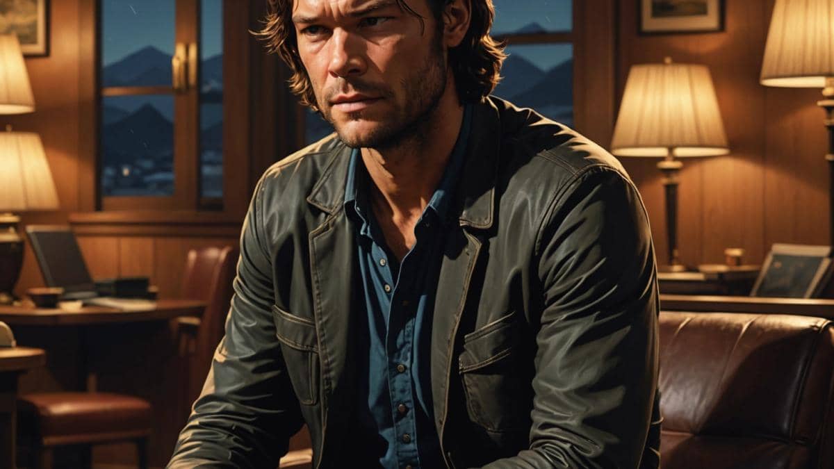 Supernatural: El episodio que destrozó a Jared Padalecki por dentro Jared Padalecki in character as Sam Winchester, sitting alone on a dimly lit set that resembles a motel room, head bowed with visible tears and exhaustion, editorial photorealistic style, warm but somber lighting, emotional expression, script pages scattered around him, main subject well-centered and sharply in focus, background subtly referencing the supernatural theme.