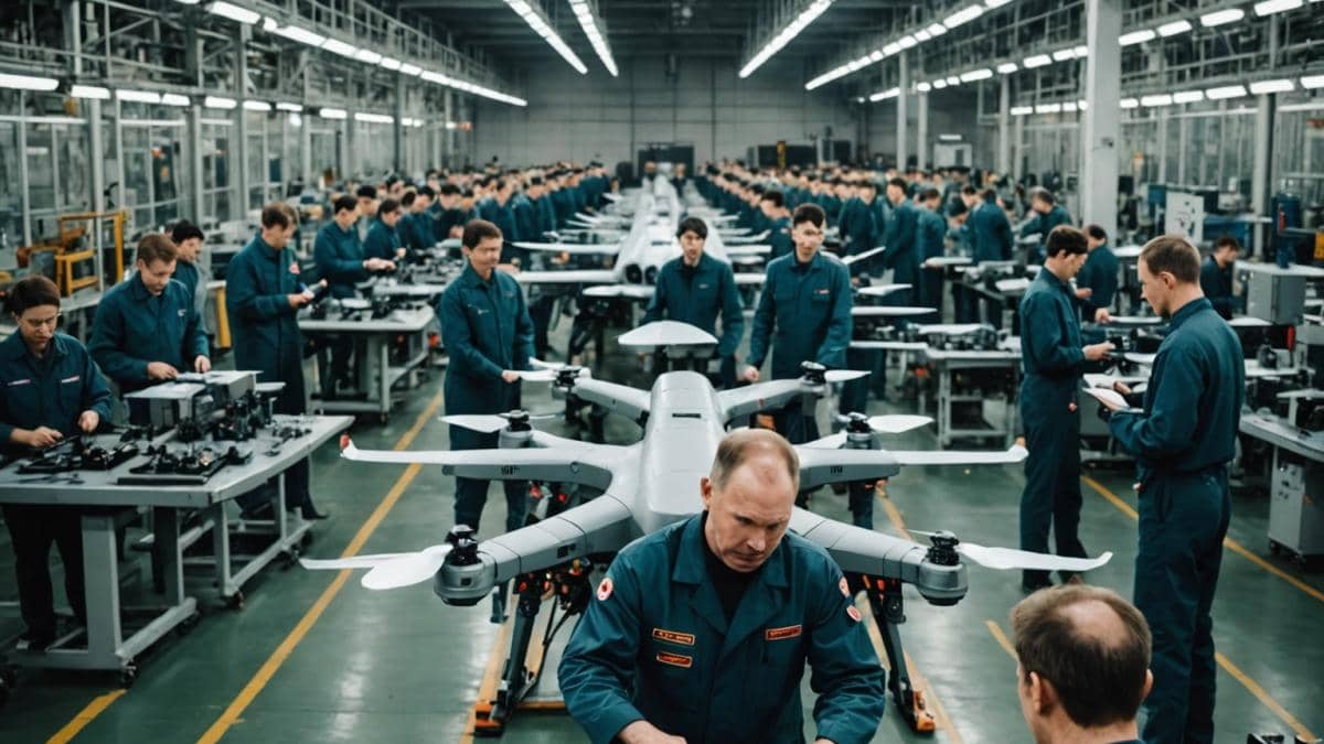 ¿Ejército invisible? Norcoreanos revolucionan la guerra de drones en Rusia A massive drone factory interior in Russia, center-focused on North Korean and Russian workers assembling Shahed kamikaze drones on an assembly line, photorealistic editorial style, bright industrial lighting, detailed machinery and workstations visible, sense of scale with hundreds of workers in uniform, mood is intense and collaborative, main subjects well-centered and in sharp focus.