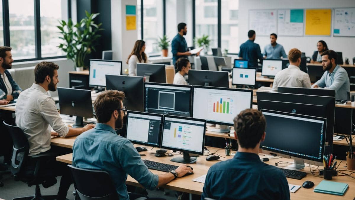 A modern open office with diverse Latin American tech professionals collaborating around computers, photorealistic editorial style, bright natural lighting, details of digital whiteboards, post-it notes and laptops, main group centered and in sharp focus, vibrant and energetic teamwork atmosphere, clean background.