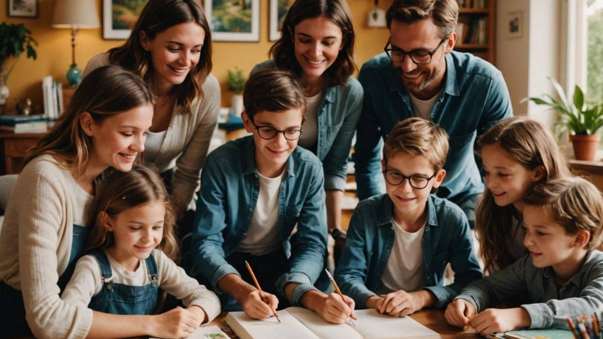 Educación alternativa: lo que nadie te cuenta (ni en Kaamelot) sobre criar 7 hijos con cabeza y corazón A modern French family with seven children and their creative father, all gathered around a cozy table with books, notebooks, and art supplies, photorealistic editorial style, warm afternoon lighting, plants and colorful details in the background, everyone smiling and interacting naturally, main subjects centered and in sharp focus.