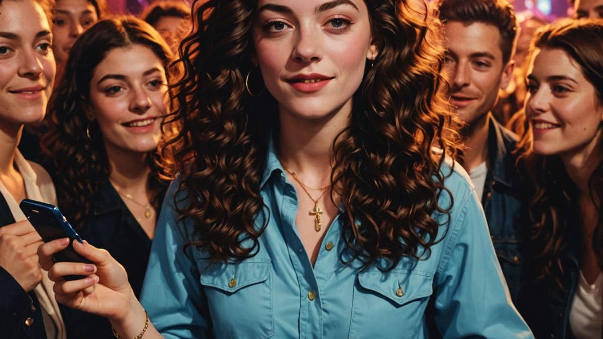 Lorde arrasa en Nueva York: su debut secreto de ‘Virgin’ como nunca te lo contaron Lorde at the center of a small, lively crowd in Baby’s All Right, Williamsburg. She is lip syncing and dancing with diverse fans, holding a neon-colored 'Virgin' album lighter. Editorial, photorealistic style with warm club lighting, soft focus background and clear details on Lorde’s expressive face and fashionable outfit. Energetic, youthful vibe with fans smiling and filming her with their smartphones. Main subject (Lorde) perfectly centered and in sharp focus.