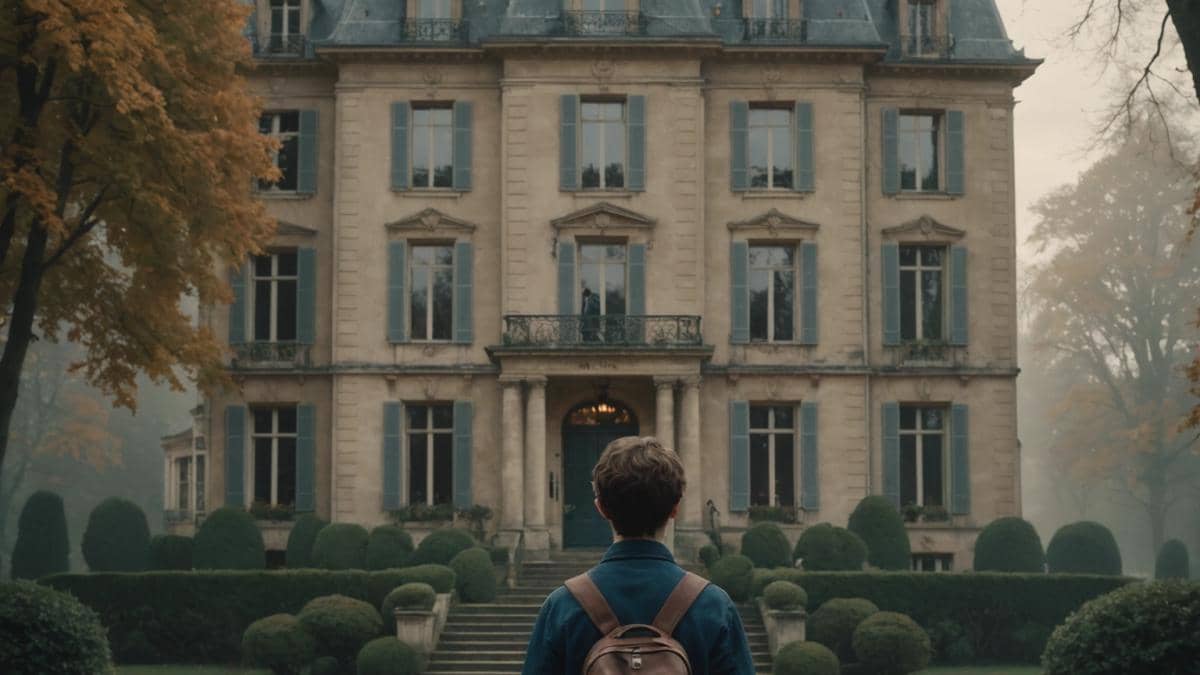 La casa maldita de Joe Dassin: Herencia, soledad y el verdadero legado que nunca te contaron A stately French mansion surrounded by misty trees, centered in the frame, editorial photorealistic style. In the foreground, a teenage boy stands alone near the entrance, holding a vintage notebook, looking pensive. Subtle hints of old music records and movie posters visible through the windows. Early morning soft light, melancholic mood. The house and boy are clearly centered and in sharp focus.