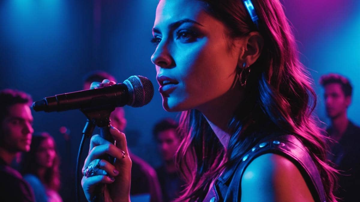Liv del Estal: Trance, rebeldía y la verdad que nadie vio venir tras The Voice Liv del Estal, cantautora joven y carismática, actuando en un escenario moderno con luces neón azul y púrpura, look rebelde y auténtico, público diverso vibrando al ritmo de música electrónica, expresión intensa y libre, ambiente nocturno, estilo editorial realista con el foco claramente centrado en Liv como figura principal.