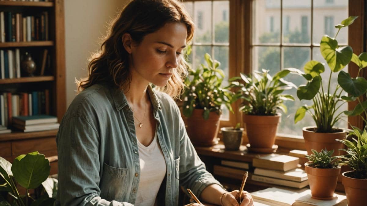 Un Si Grand Soleil: ¿Qué nos enseña el bienestar sobre decisiones difíciles? A thoughtful woman in her early thirties, sitting by a sunlit window surrounded by plants and books, reflecting while writing in a journal; photorealistic editorial style, warm morning light, subtle French decor touches, the main subject well-centered and in sharp focus, clean cozy background with hints of healthy snacks and a yoga mat visible.