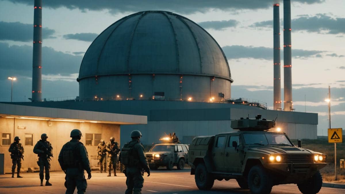 Desastre nuclear Irán-Israel: ¿lo que nadie te cuenta está más cerca de lo que piensas? A tense military checkpoint near a modern nuclear facility at dusk, photorealistic editorial style, soldiers in combat gear checking vehicles under dramatic skies, the imposing dome of a nuclear reactor centered and in sharp focus, subtle warning signs, slightly anxious atmosphere, clean composition with main subjects well-lit and clearly positioned in the center.