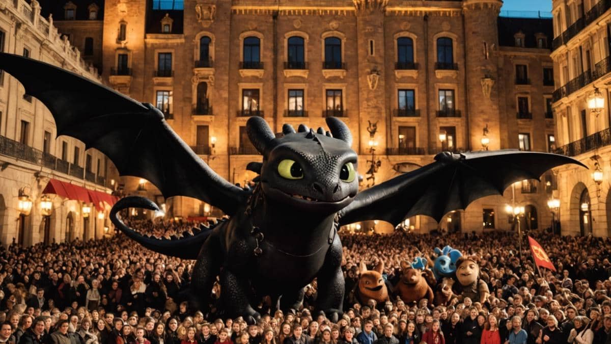 A dramatic movie premiere scene in Madrid, with enthusiastic crowds, spotlights, and large banners of 'How to Train Your Dragon' live-action version. Photorealistic editorial style, early evening lighting with warm tones, centered on the main cast posing on the red carpet. Details include excited fans holding dragon plushies and iconic Spanish architecture in the background. The main cast and film logo are sharply in focus at the center of the image.