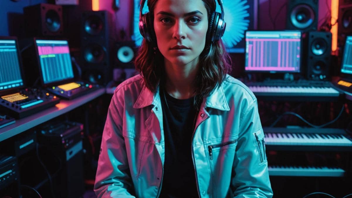 PRODUCT de SOPHIE: El Renacimiento Electro Pop que Nadie te Cuenta A striking editorial portrait of a gender-ambiguous electronic music producer in a vibrant studio, surrounded by futuristic synthesizers, colorful LED lights, and vinyl records, photorealistic style, with bold lighting and sharp focus on the artist at the center, hinting at an air of creative genius and nostalgia for early 2010s pop culture.