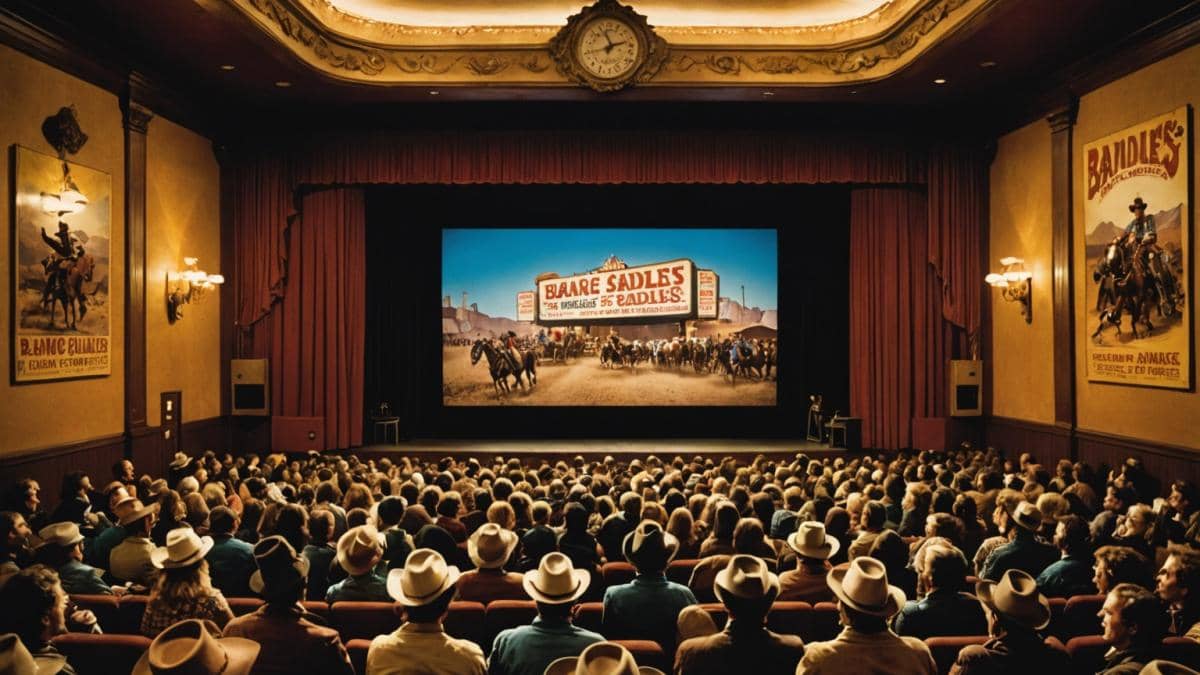 Banzé no Oeste: El western que rompió las reglas (y taquillas) desde dentro A photorealistic editorial-style image featuring a lively movie theater in the 1970s, filled with an excited, diverse crowd watching 'Blazing Saddles' (Banzé no Oeste) on a large screen. The atmosphere is energetic, with people laughing and holding popcorn. Retro movie posters of western films are visible on the walls. Warm lighting highlights the main group of viewers, who are clearly centered and in sharp focus, creating a nostalgic yet celebratory mood.